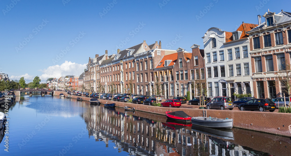Panorama of historic houses at the Nieuwe Gracht canal in Haarlem