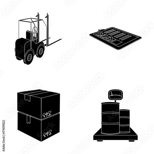 Forklift, delivery slips, packaged goods, cargo on weighing scales. Logistics and delivery set collection icons in black style isometric vector symbol stock illustration web.
