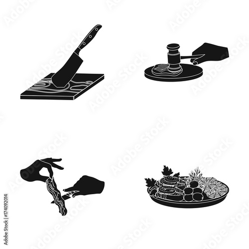 Cutlass on a cutting board, hammer for chops, cooking bacon, eating fish and vegetables. Eating and cooking set collection icons in black style vector symbol stock illustration web.
