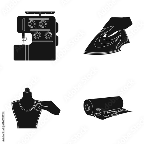 Electric sewing machine, iron for ironing, marking with chalk clothes, roll of fabric and other equipment. Sewing and equipment set collection icons in black style vector symbol stock illustration web