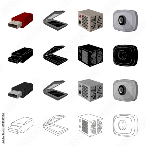 Computer equipment USB flash drive, scanner, power supply, web camera. Computer Accessories set collection icons in cartoon black monochrome outline style vector symbol stock illustration web.