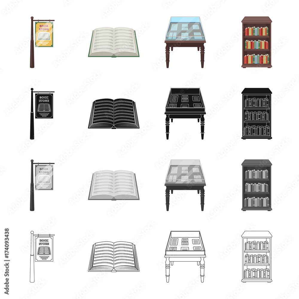 Library furniture, a book store sign, a table with manuscripts, a ...