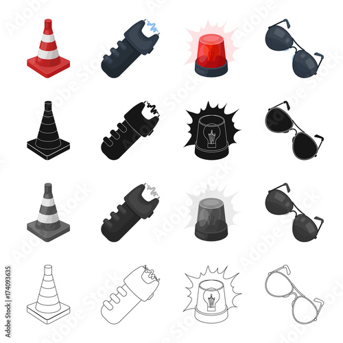 Restrictive cone, electric shock, police flasher, sunglasses. Police set collection icons in cartoon black monochrome outline style vector symbol stock illustration web.