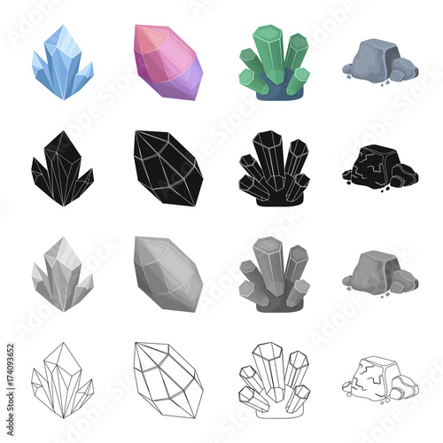 Blue mineral aquamarine, pink amethyst, precious jade, iron ore. Precious mineral set collection icons in cartoon black monochrome outline style vector symbol stock illustration web.