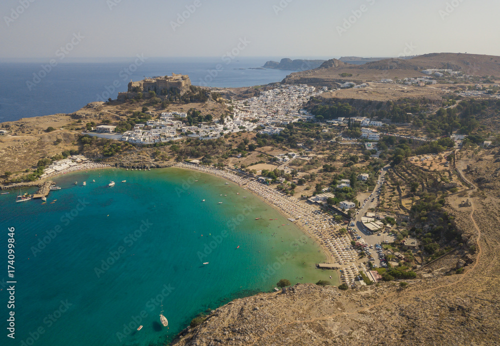 Aerial view of ancient Acropolis and village of Lindos, Rhodes, Greece