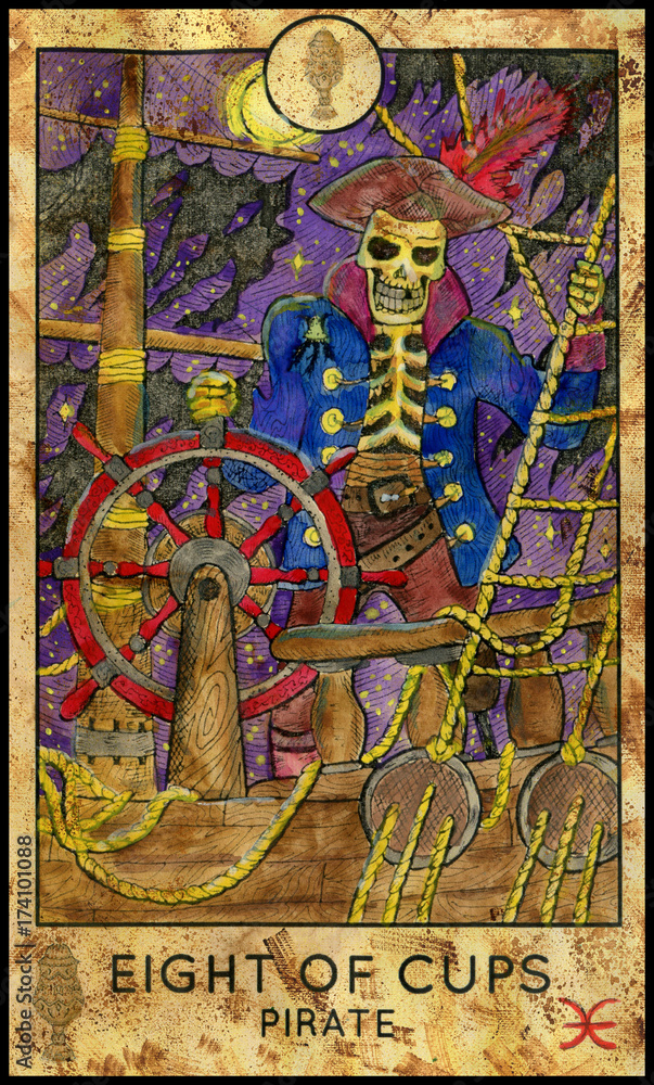 Fototapeta premium Pirate Skeleton. Minor Arcana Tarot Card. Eight of Cups