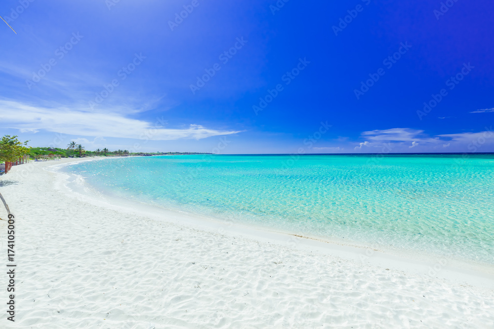 great amazing inviting view of tropical white sand beach and tranquil turquoise ocean on blue sky background at Cayo Coco Cuban island, sunny summer beautiful day