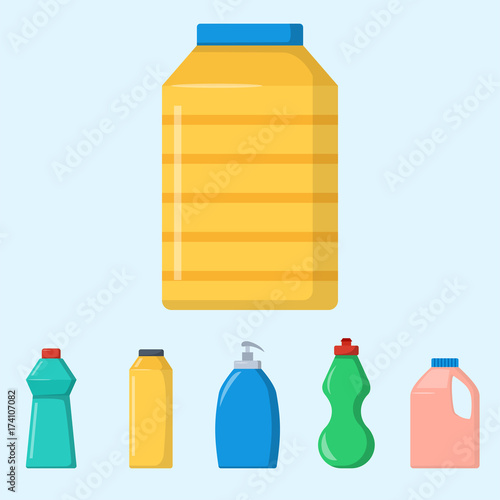 Bottles of household chemicals supplies cleaning housework liquid domestic fluid cleaner pack vector illustration.