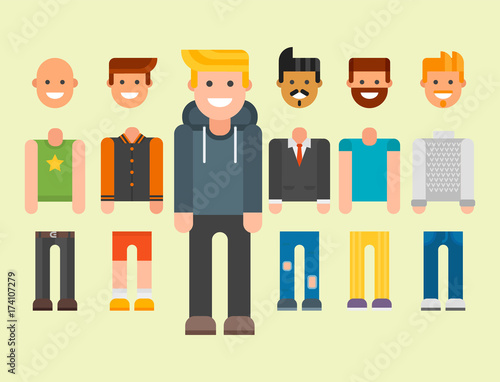 Man constructor body avatar creator vector cartoon character creation spare parts spares animation.