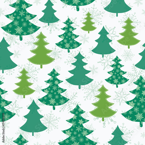 Vector green and white scattered christmas trees winter holiday seamless patt...