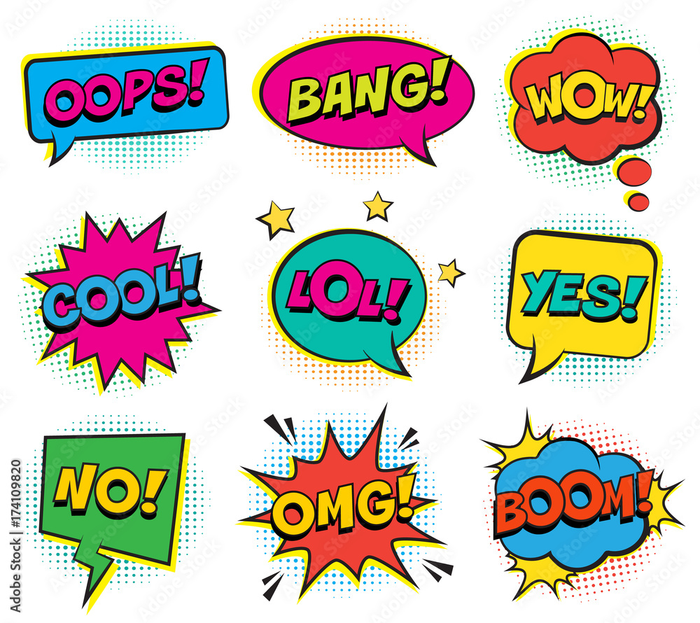 Retro colorful comic speech bubbles set with halftone shadows on white  background. Expression text BANG, YES, NO, LOL, BANG, BOOM, COOL, OMG, WOW,  OOPS. Vector illustration, pop art style. Stock Vector |