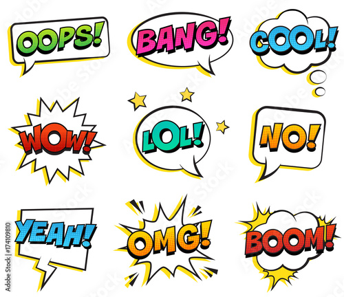 Retro colorful comic speech bubbles set with halftone shadows on white background. Expression text BANG, YEAH, NO, LOL, BANG, BOOM, COOL, OMG, WOW, OOPS. Vector illustration, pop art style.