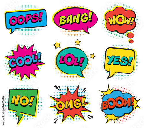 Retro colorful comic speech bubbles set with halftone shadows on white background. Expression text BANG, YES, NO, LOL, BANG, BOOM, COOL, OMG, WOW, OOPS. Vector illustration, pop art style.