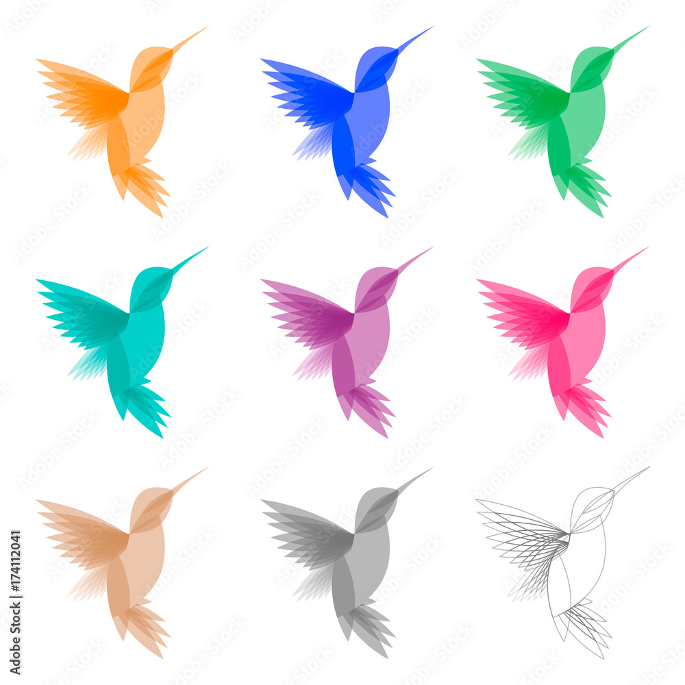 Vector Colored Stylized Tropical Hummingbirds Template for Logo Design
