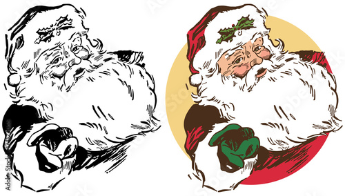A portrait of Santa Claus extending a hand in a Christmas greeting