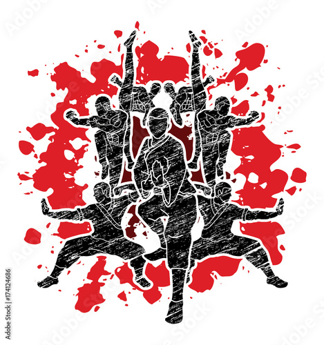 Kung fu action composition designed on splatter blood graphic vector.