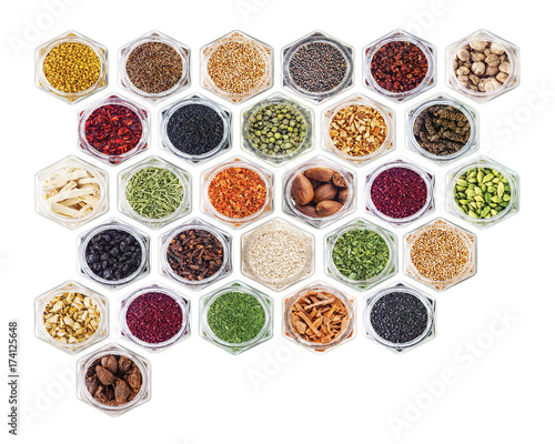 Spices and herbs on white background