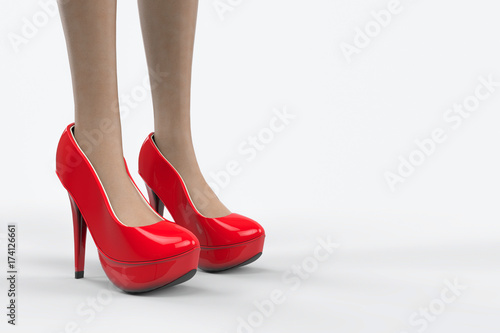 3d rendering. legs of a Lady who wearing red high heels shoes with white copy space background