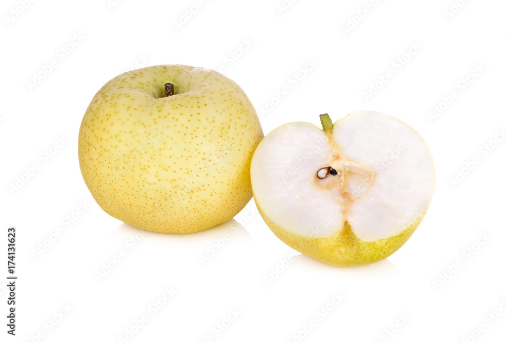 whole and half cut pear on white background whole and half cut pear on white background