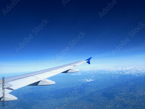 Plane wing on the sky with sunset and cloud