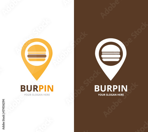 Vector burger and map pointer logo combination. Hamburger and gps locator symbol or icon. Unique fastfood and pin logotype design template.