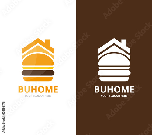Vector burger and real estate logo combination. Hamburger and house symbol or icon. Unique fastfood and rent logotype design template.