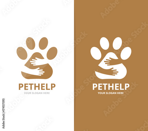 Vector paw and hands logo combination. Pet and embrace symbol or icon. Unique vet and friendship logotype design template.