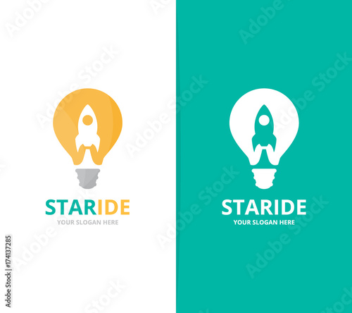 Vector lamp and rocket logo combination. Lightbulb and airplane symbol or icon. Unique idea and flight logotype design template.