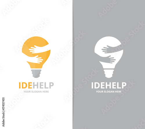 Vector lamp and hands logo combination. Lightbulb and embrace symbol or icon. Unique idea and friendship logotype design template.