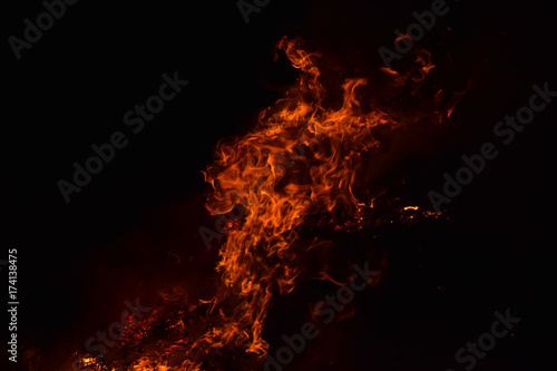 Burning of rice straw at night. Red fire on a black background. Combustion.