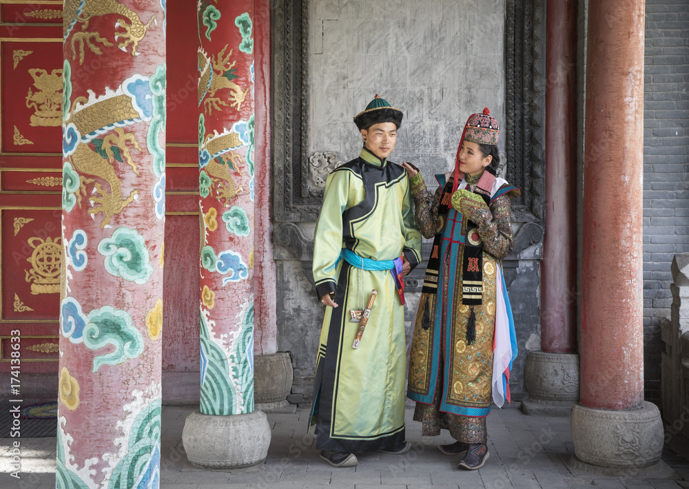 mongolian couple in traditional outfit mongolian couple in traditional outfit