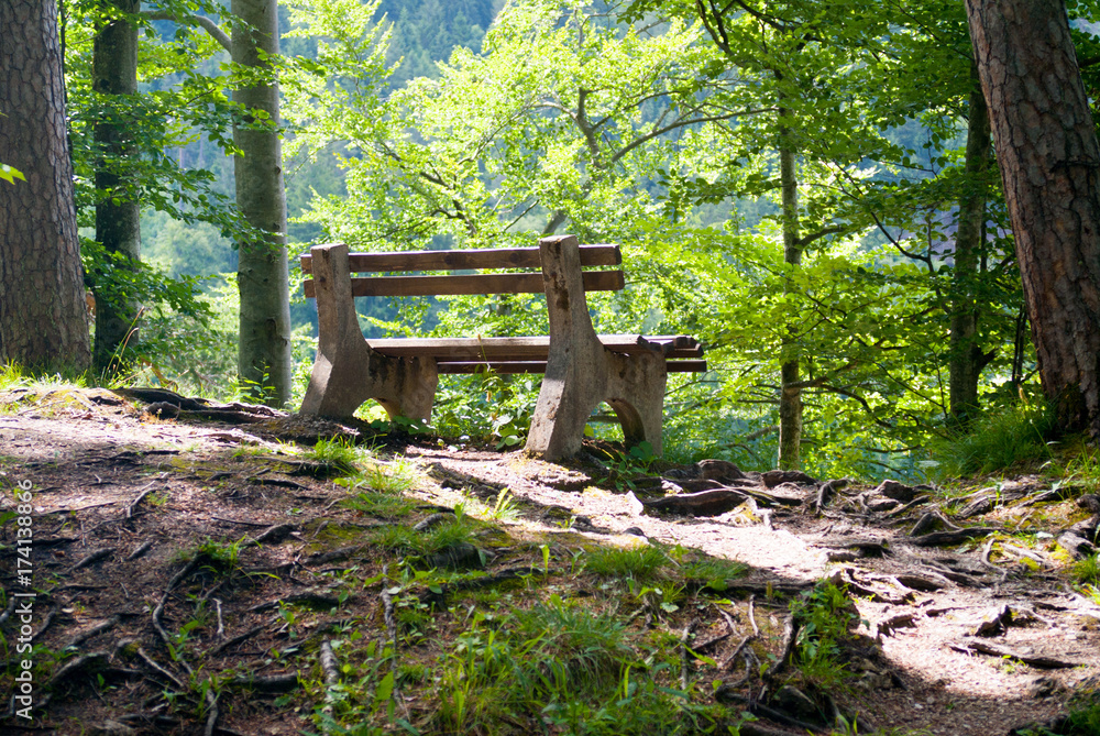 old bench on hillside in public park old bench on hillside in public park