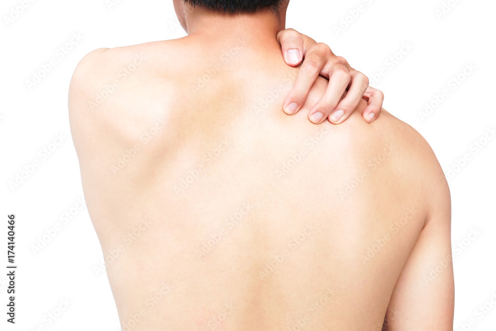 Closeup man hand itching on shoulder and back, healthy care and medical concept Closeup man hand itching on shoulder and back, healthy care and medical concept