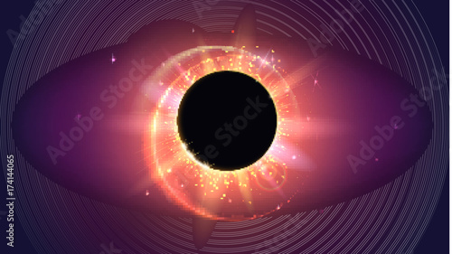 Rays and lens flare light horizontal backdrop. Glow light effect. Solar eclipse, astronomical phenomenon - full sun eclipse. Star burst with sparkles. The planet covering the Sun in eclipse