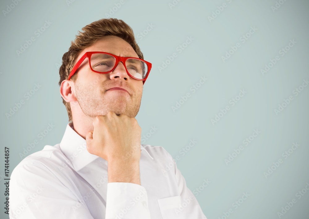 Nerd man thinking against light grey background Nerd man thinking against light grey background