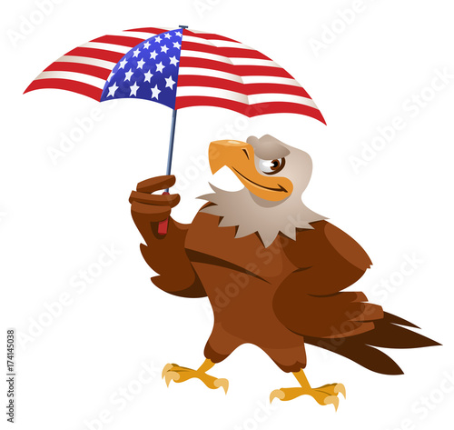Funny eagle with American flag umbrella. Cartoon styled vector illustration. Isolated on white. No transparent objects.