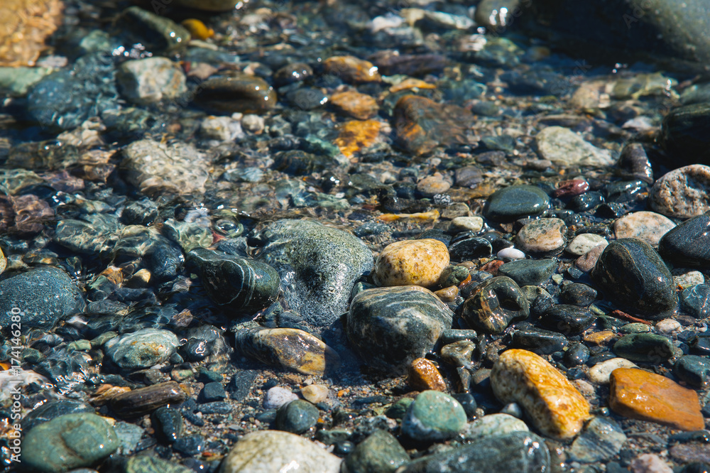 small multicolored stones on the bank of a mountain stream with crystal clear glacial water. Top view.