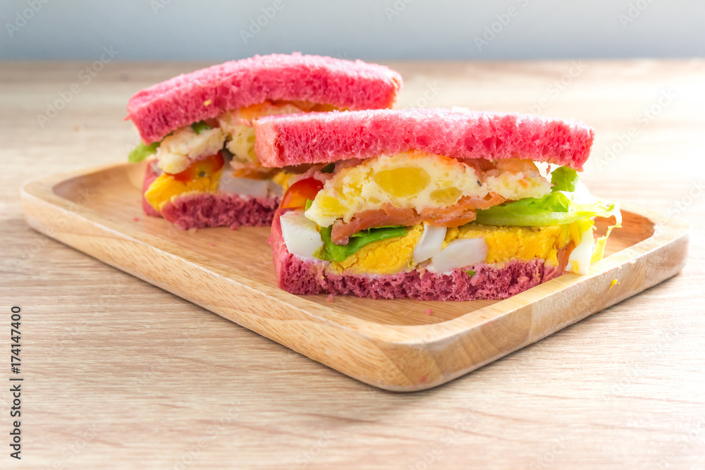 Healthy food. Bread sandwich with egg,mash potato,tomato and Salad on wooden table
