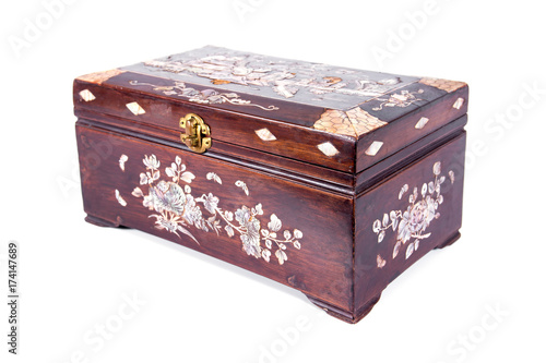 Old chinese chest box isolated on white background.Old chinese treasure wooden box isolated