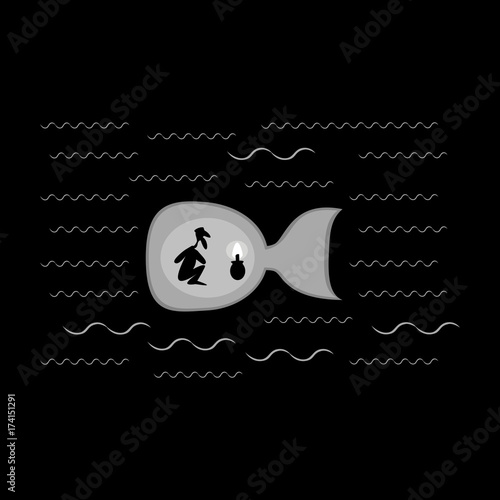 Mans silhouette in big fish isolated on black
