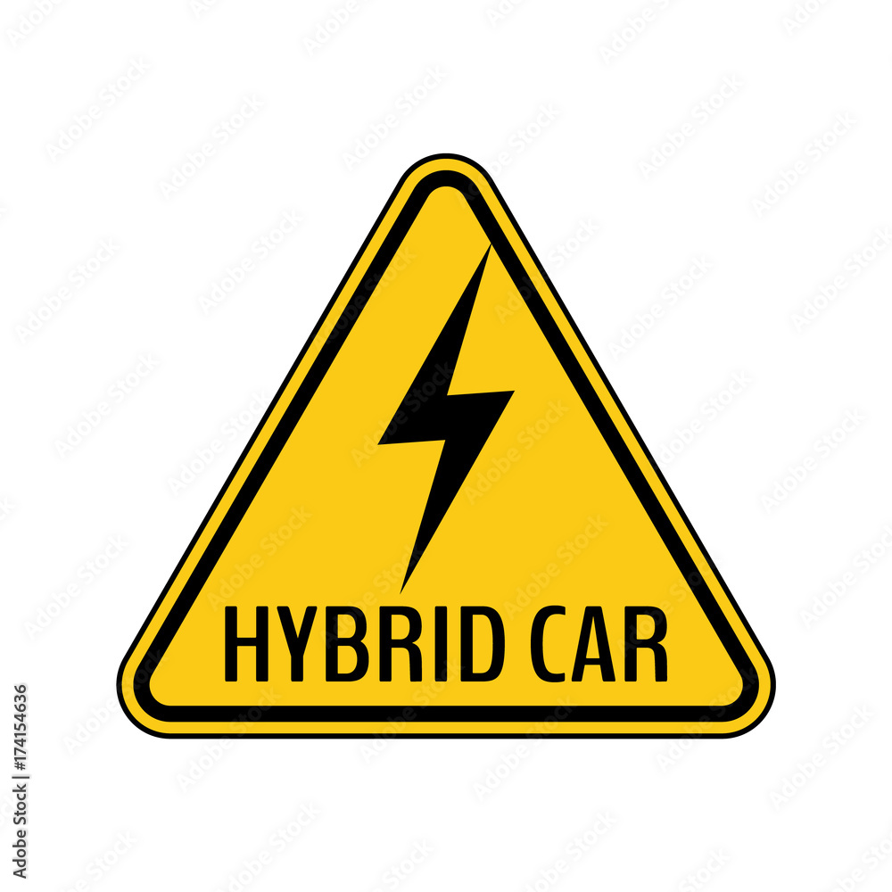 Hybrid car caution sticker. Save energy automobile warning sign. Lightning icon in yellow and black triangle. Hybrid car caution sticker. Save energy automobile warning sign. Lightning icon in yellow and black triangle.