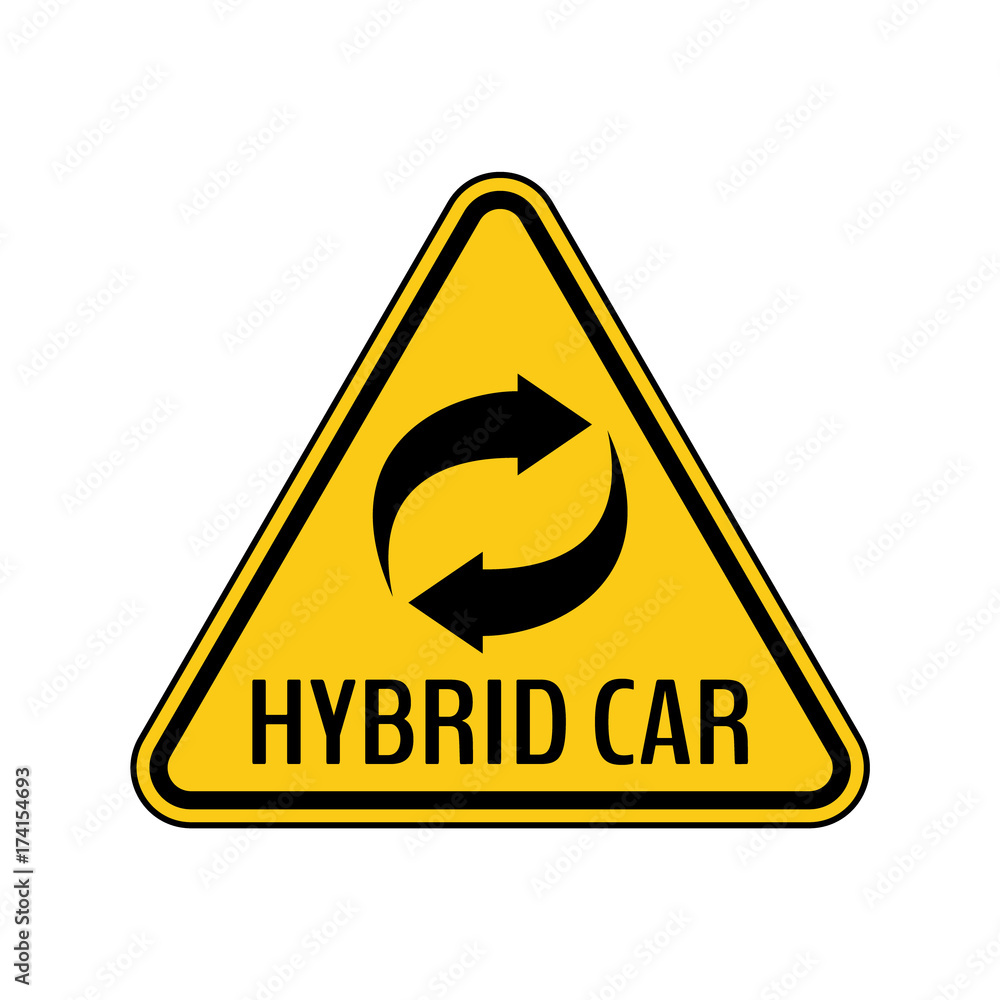 Hybrid car caution sticker. Save energy automobile warning sign. Recycle icon in yellow and black triangle. Hybrid car caution sticker. Save energy automobile warning sign. Recycle icon in yellow and black triangle.
