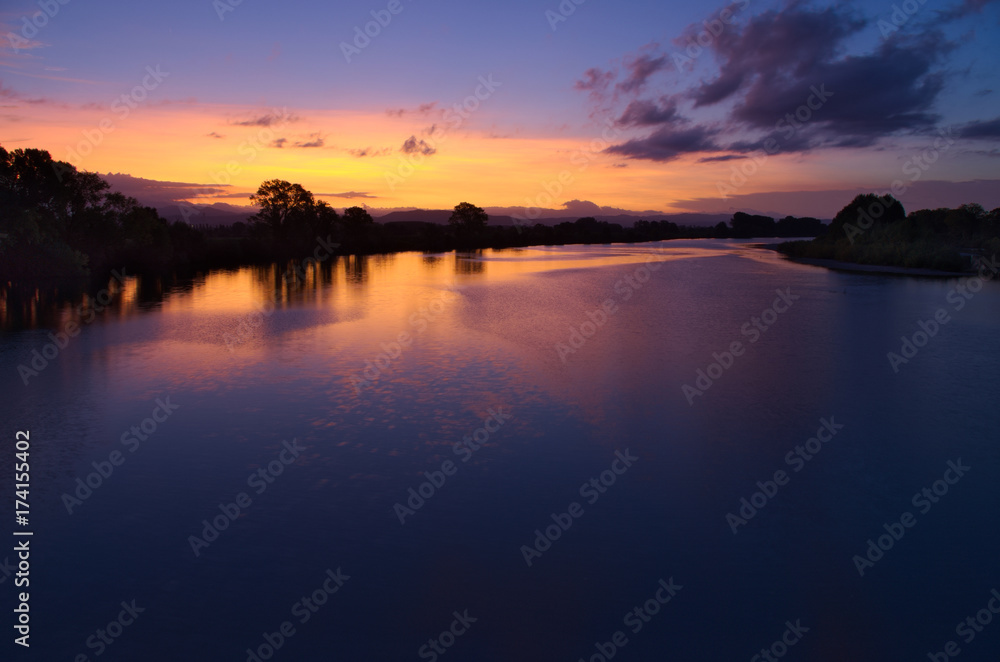 Sunset on the delta of Isonzo (Soca) river, blue hour, Gorizia, Italy
