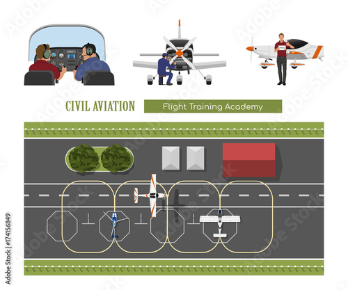Flight training academy. Repair and maintenance of the aircraft. A plane flying over an airfield. Vector illustration