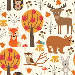 Wandcirkels Kinderkamer patronen Herfstbos met dieren en paddenstoelen  © nataka