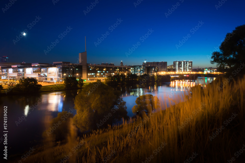 Moscow river and blue sky at night.