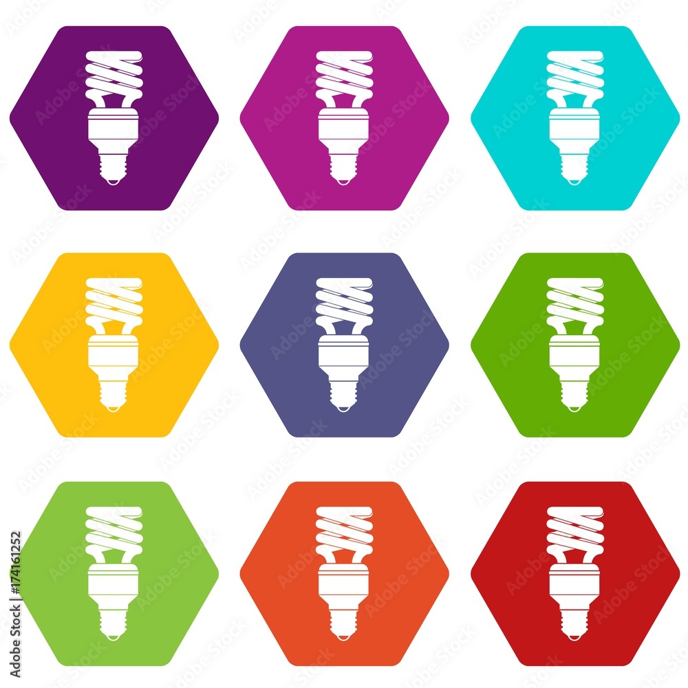 Energy saving bulb icon set color hexahedron Energy saving bulb icon set color hexahedron