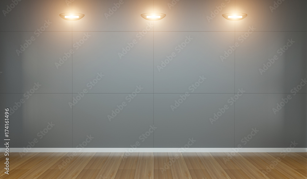 Empty wall in museum with lights 3D rendering Empty wall in museum with lights 3D rendering
