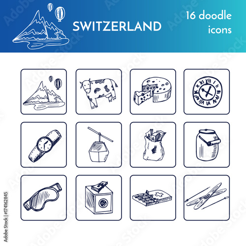 Hand drawn Switzerland travel set with icons Vector isolated illustration on white background doodle sketch