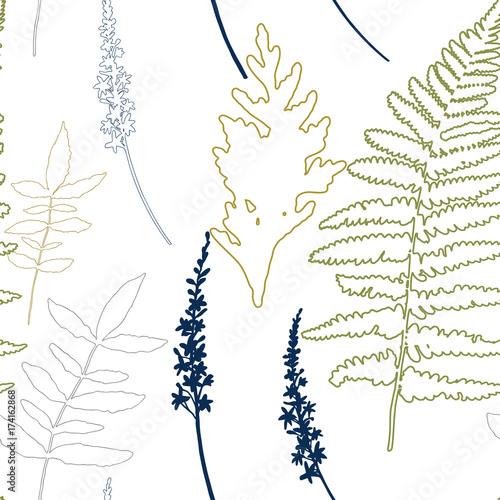 Floral vector seamless pattern with wild flowers, fern leaves and evergreen p...